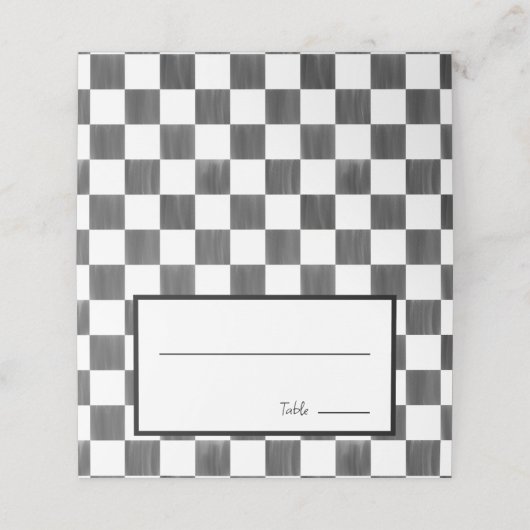 Painted Black Checkerboard Pattern Wedding Platzkarte (Außenseite Aufgefaltet)