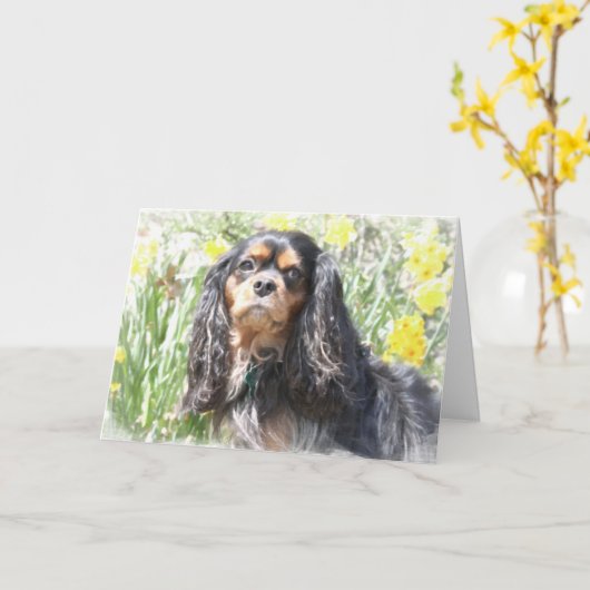 Painted Cavalier King Charles Spaniel Grußwagen Karte (Gelbe Blume)