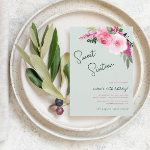 Painted Floral Pink Green Sweet 16 Geburtstagspart Einladung