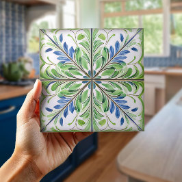 Painted Floral Tile Pat#14 Blue Green ID1078 Fliese
