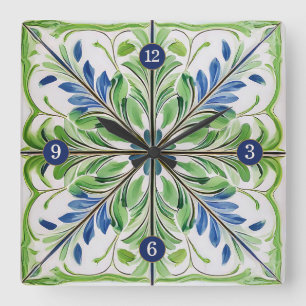 Painted Floral Tile Pat#14 Blue Green ID1078 Quadratische Wanduhr