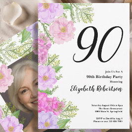 Painted Flower Custom Photo Template 90th Birthday Einladung