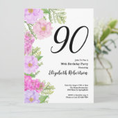 Painted Flower Custom Photo Template 90th Birthday Einladung (Stehend Vorderseite)