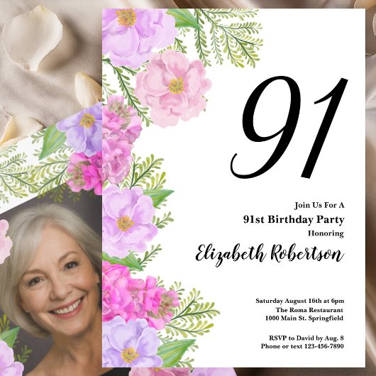 Painted Flower Custom Photo Template 94th Birthday Einladung