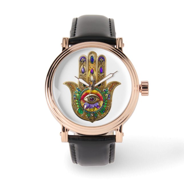 Painted Gold Hamsa Amethyst Ruby Third Eye Armbanduhr (Vorderseite)