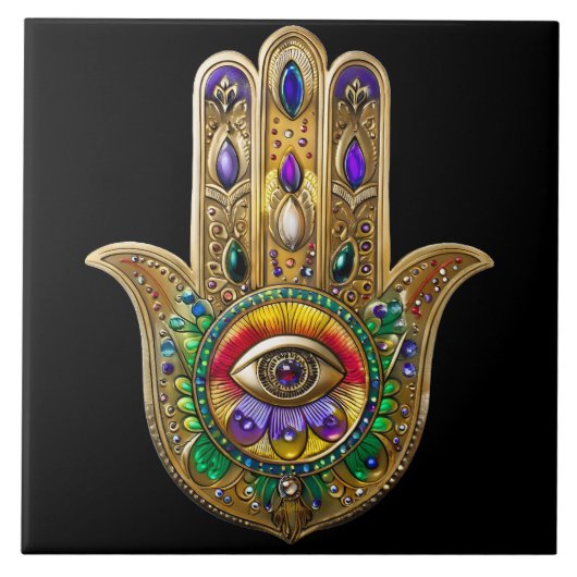 Painted Gold Hamsa Amethyst Ruby Third Eye Fliese (Vorderseite)