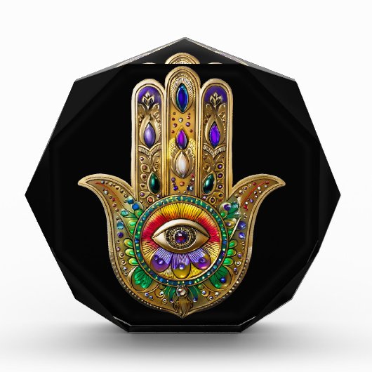Painted Gold Hamsa Amethyst Ruby Third Eye Fotoblock (Vorderseite)