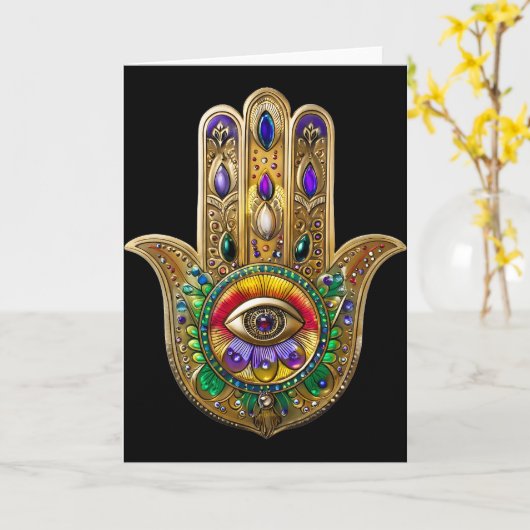 Painted Gold Hamsa Amethyst Ruby Third Eye Karte (Gelbe Blume)