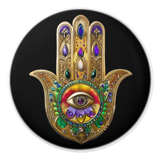 Painted Gold Hamsa Amethyst Ruby Third Eye Keramikknauf (Vorderseite)