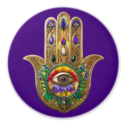 Painted Gold Hamsa Amethyst Ruby Third Eye Keramikknauf (Vorderseite)