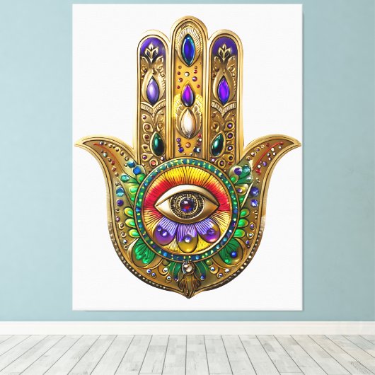 Painted Gold Hamsa Amethyst Ruby Third Eye Leinwanddruck (Insitu (Holzboden))
