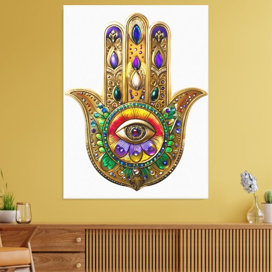 Painted Gold Hamsa Amethyst Ruby Third Eye Leinwanddruck (Insitu (Wohnzimmer))