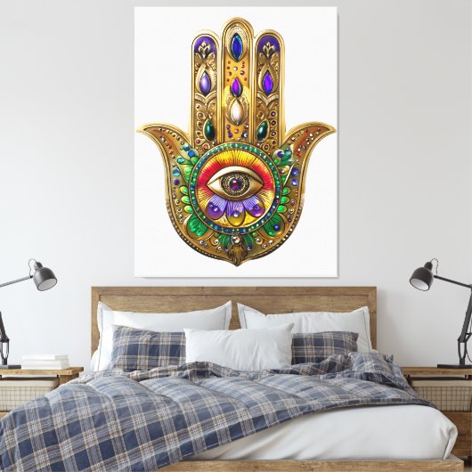 Painted Gold Hamsa Amethyst Ruby Third Eye Leinwanddruck (Insitu (Schlafzimmer))