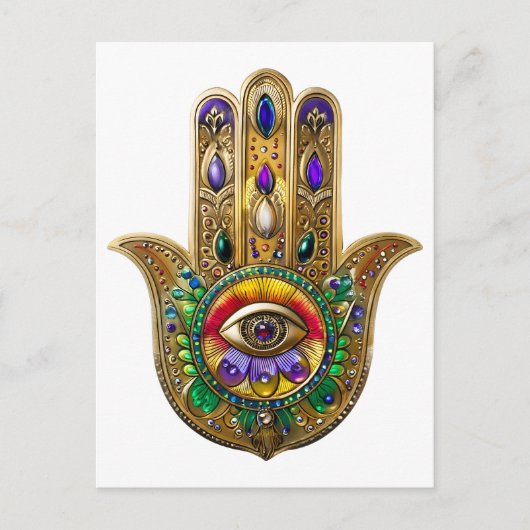 Painted Gold Hamsa Amethyst Ruby Third Eye Postkarte (Vorderseite)