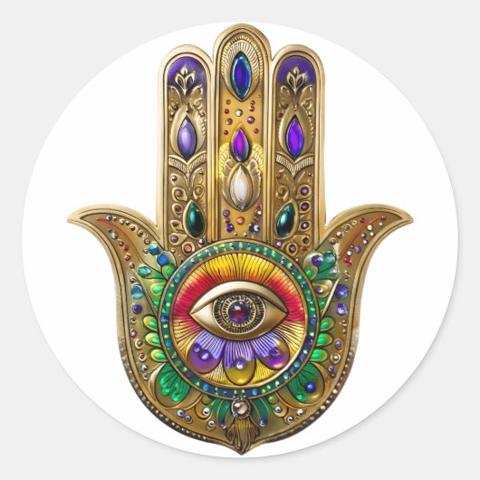 Painted Gold Hamsa Amethyst Ruby Third Eye Runder Aufkleber (Vorderseite)