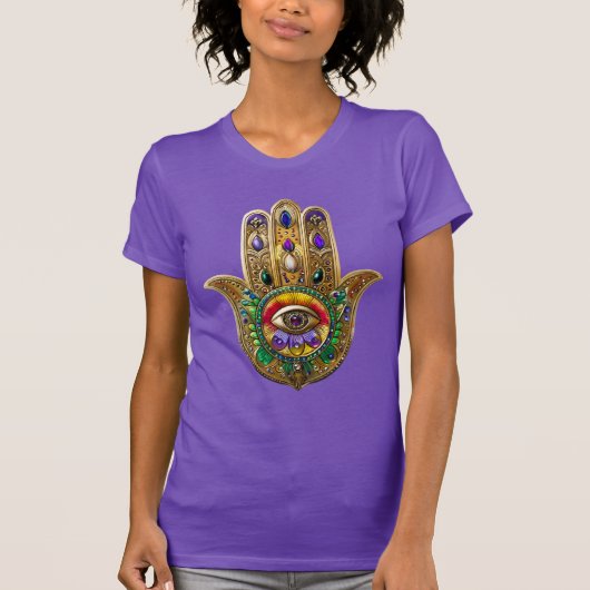 Painted Gold Hamsa Amethyst Ruby Third Eye T-Shirt (Vorderseite)