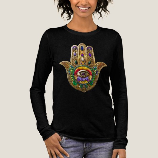 Painted Gold Hamsa Amethyst Ruby Third Eye Tri-Blend Shirt (Vorderseite)