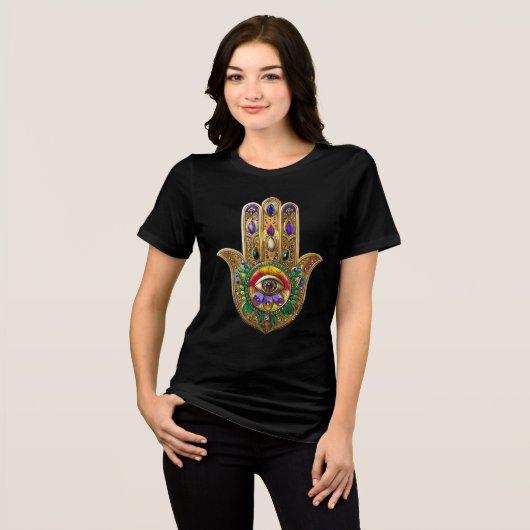 Painted Gold Hamsa Amethyst Ruby Third Eye Tri-Blend Shirt (Vorderseite voll)