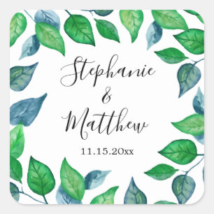 Painted Greenery Foliage Wasserfarbe Blätter Hochz Quadratischer Aufkleber