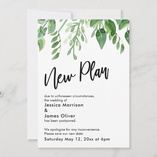 Painted Greenery Zurückgestellt Hochzeit New Plan Einladung (Vorderseite)