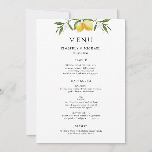 Painted lemons greenery foliage wedding menu einladung (Vorderseite)