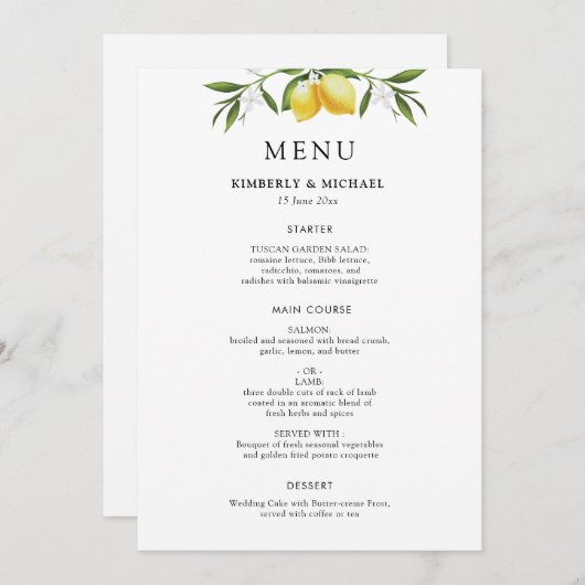 Painted lemons greenery foliage wedding menu einladung (Vorne/Hinten)