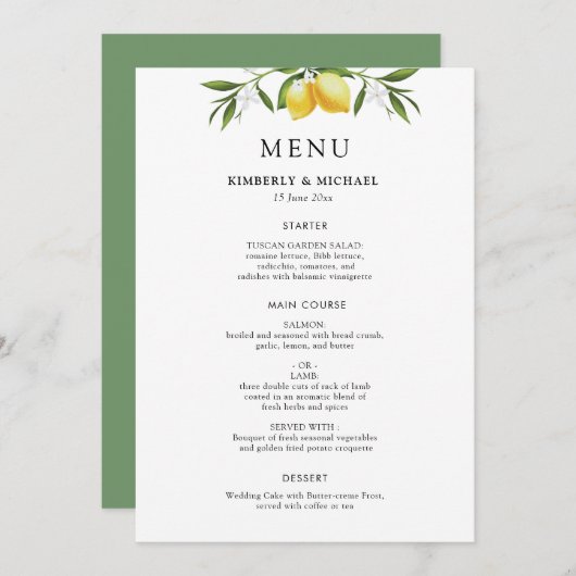 Painted lemons greenery foliage wedding menu menükarte (Vorne/Hinten)