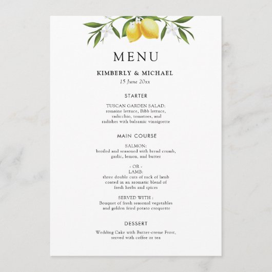 Painted lemons greenery foliage wedding menu menükarte (Vorderseite)