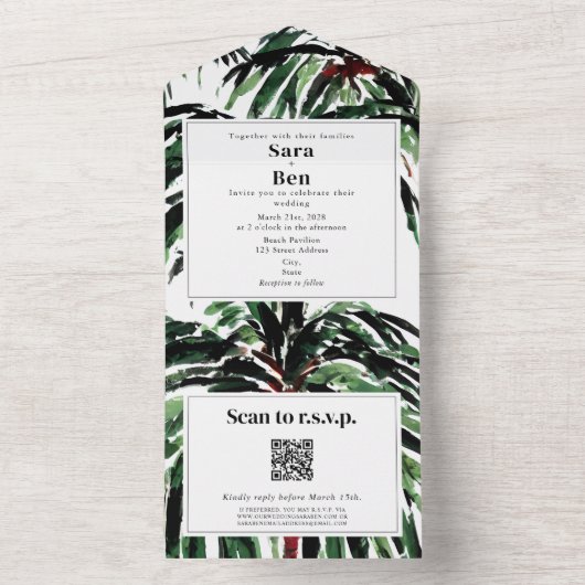 Painted Palm Trees Beach Wedding QR Code UAWG All In One Einladung (Innen Boden)