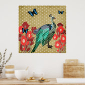 Painted Peacock & Peonies Gold Stars Poster (Küche)