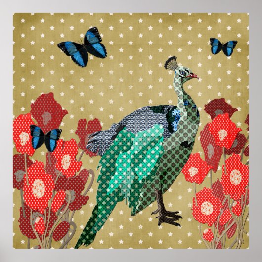 Painted Peacock & Peonies Gold Stars Poster (Vorne)