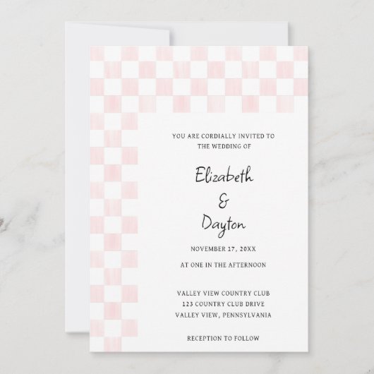 Painted Pink Checkerboard Pattern Wedding Einladung (Vorderseite)