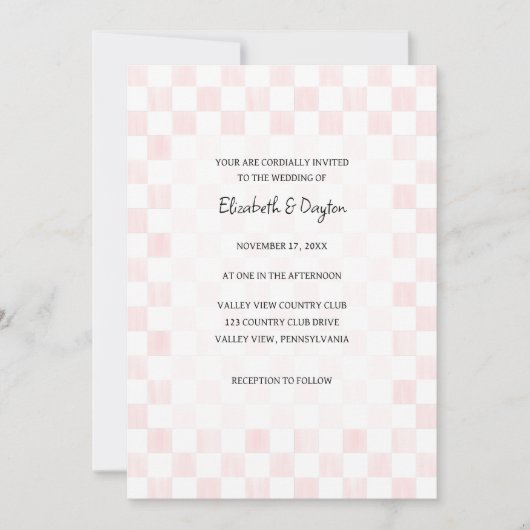 Painted Pink Checkerboard Pattern Wedding Einladung (Vorderseite)