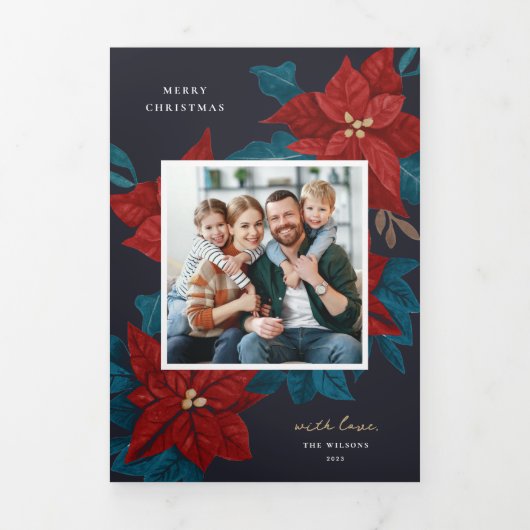 Painted Poinsettias Christmas Photo Dreifach Gefaltete Urlaubskarte (Cover)