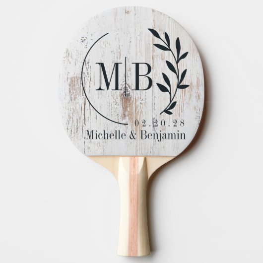 Painted White Wood Leaf Wedding Monogram Tischtennis Schläger (Rückseite)