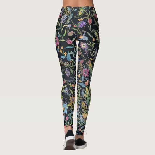 Painterly Peacock Feather, Floral Vines Boho Chic  Leggings (Rückseite)