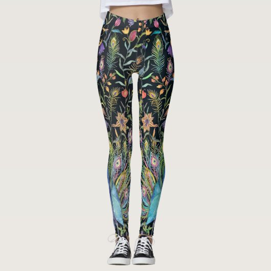 Painterly Peacock Feather, Floral Vines Boho Chic  Leggings (Vorderseite)