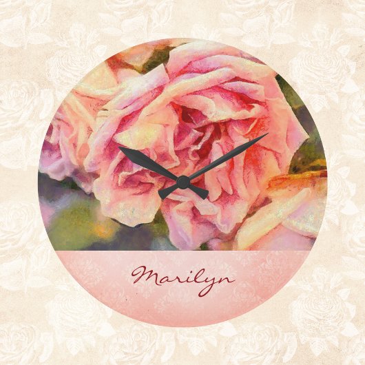 Painterly Pink Roses on Damask Mit Monogramm Große Wanduhr