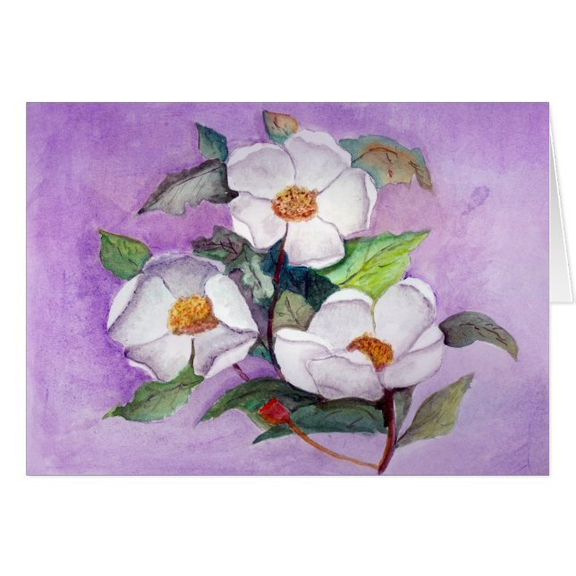 Painterly weiße südliche Magnolien auf Lavendel (Vorderseite (Horizontal))
