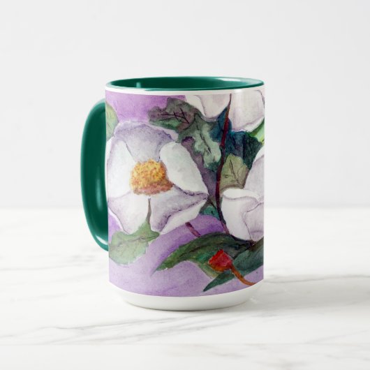 Painterly weiße südliche Magnolien auf Lavendel Tasse (Vorderseite Links)