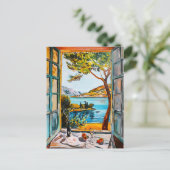 Painting breakfast on window view Mediterran sea Postkarte (Stehend Vorderseite)