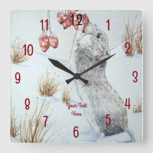 painting of field mouse in snow wildlife quadratische wanduhr