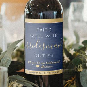 Pairs Well Bridesmaid offer Brushed Blue & Gold Weinetikett