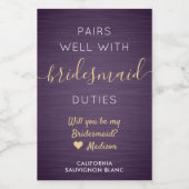 Pairs Well Bridesmaid Vorschlag Lila & Gold Mini Weinetikett (Einzelnes Label)