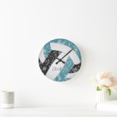 Paisblütenmuster aquamarines schwarzes Volleyball Runde Wanduhr (Zuhause)