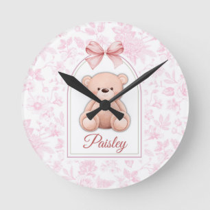 Paisley Benutzerdefiniertes rosa Teddy-Bär-Kinde Runde Wanduhr