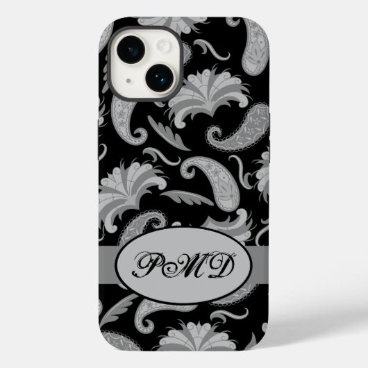 Paisley Black Gray Modern Monogram Name Case-Mate iPhone Hülle (Rückseite)