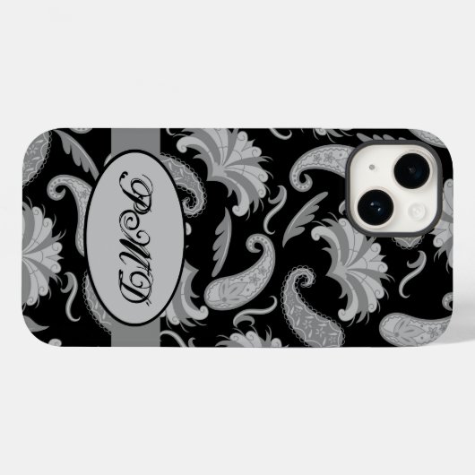 Paisley Black Gray Modern Monogram Name Case-Mate iPhone Hülle (Rückseite (Horizontal))