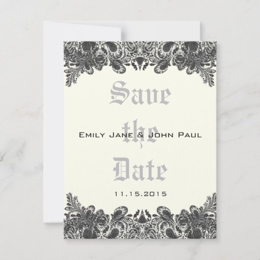 Paisley Black & Ivory Damask Wedding Save the Date (Vorderseite)