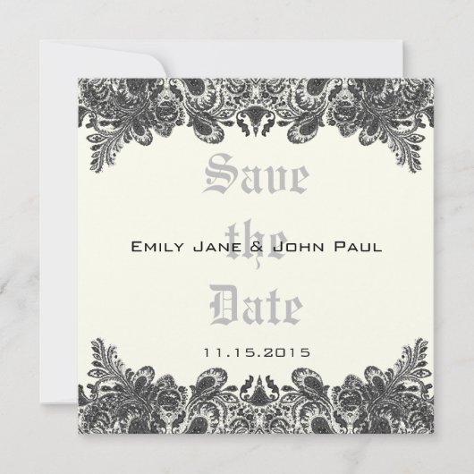 Paisley Black & Ivory Damask Wedding Save the Date (Vorderseite)